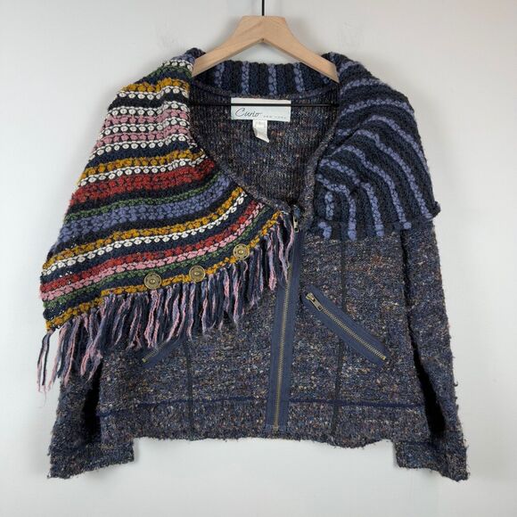 CURIO Sweaters - Curio Sweater Women Large Blue Asymmetric Fringe Sequins Full Zip Jacket Artsy